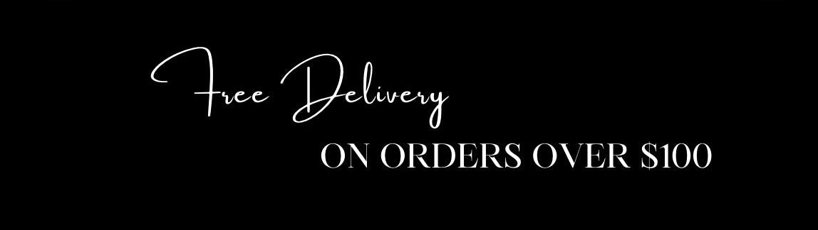 Text indicating free delivery on orders over $100 on a black background